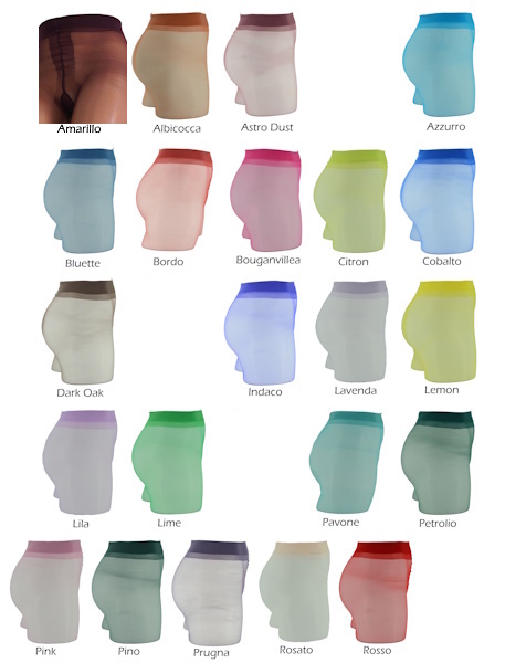 Acquamarina, Albicocca, Astro Dust, Atlantico, Azzurro, Bluette, Bordo, Bouganvillea,�Citron, Cobalto, Dark Oak, Giada, Indaco, Lavanda, Lemon, Lilla, Lime, Orange, Pavone, Petrolio,�Pink, Pino,�Prugna, Rosato, Rosso, Zaffiro