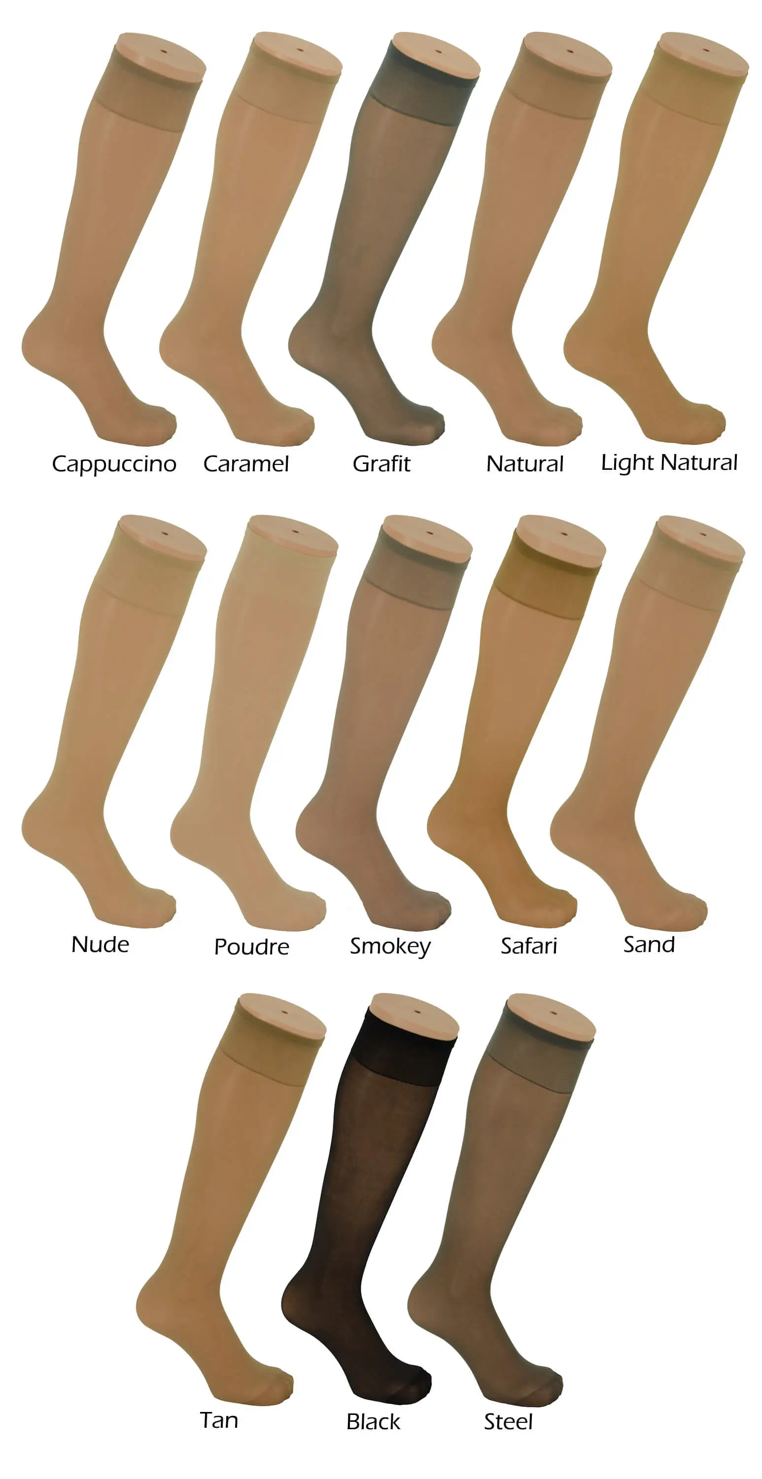 Cappuccino, Caramel, Grafit, Lys Natur, Natur, Nude, Poudre, Rgfarvet (Smokey), Safari, Sand, Solbrndt (Tan), Sort (Black), Stl (Steel)