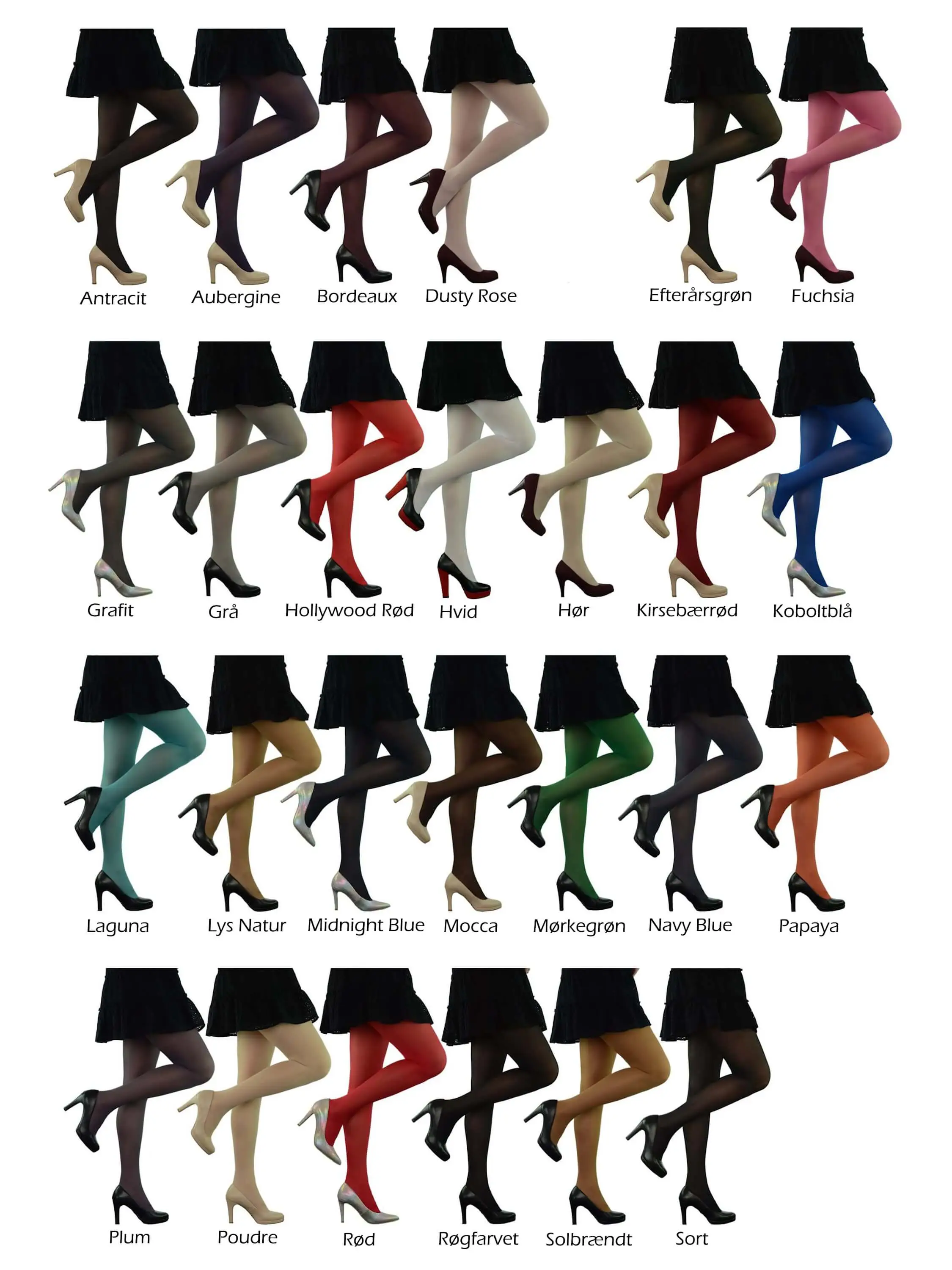 Sort, Navy Blue, Antracit, Grafit, Mørkegrøn, Laguna, Plum, Kobolt Blå, Rød, Bordeaux, Papaya, Fuchsia, Dusty Rose, Ecru, Grå, Røgfarvet, Mocca, Solbrændt, Hør, Hvid og Midnight Blue, Aubergine, Kirsebærrød, Hollywood Rød, Efterårsgrøn, Poudre Antracit, Aubergine, Bordeaux, Dusty Rose, Ecru, Efterårsgrøn, Fuchsia, Grafit, Grå, Hollywood Rød, Hvid, Hør, Kirsebærrød, Kobolt Blå, Laguna, Lys Natur, Midnight Blue, Mocca, Mørkegrøn, Navy Blue, Papaya, Plum, Poudre, Rød, Røgfarvet, Solbrændt, Sort