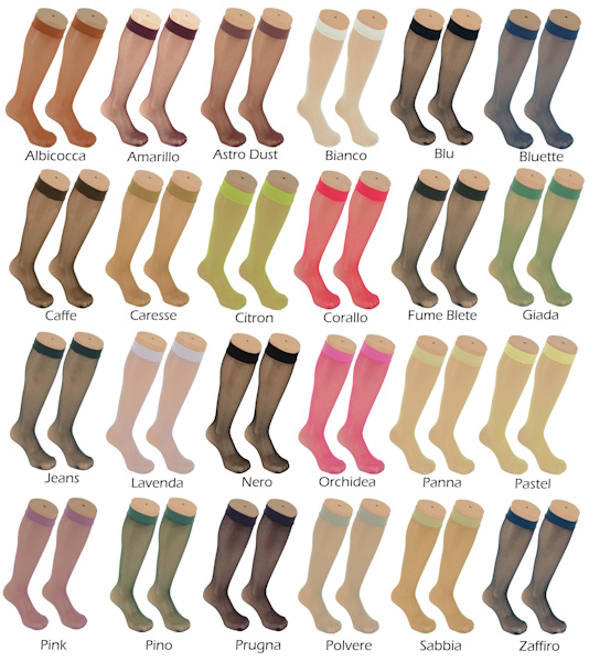 Astro Dust, Bianco, Blu, Caffe, Caresse, Fume Blete, Giada, Jeans, Lavanda, Nero (Sort), Orchidea, Panna, Pino, Polvere, Sabbia, Zaffiro Albicocca, Astro Dust, Bianco (Hvid), Blu (Blå), Bluette, Caffe, Caresse, Citron, Fume Blete (Røgfarvet), Giada, Jeans, Lavanda, Nero (Sort), Orchidea, Panna, Pink, Pino, Polvere (Pulver), Prugna, Sabbia, Zaffiro