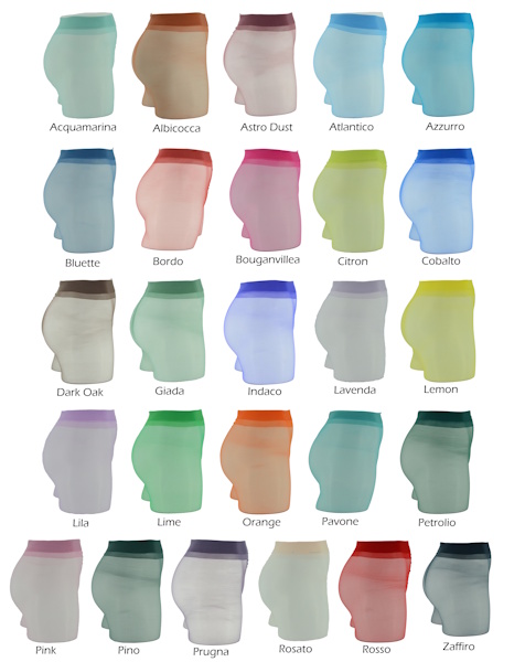 Acquamarina, Albicocca, Astro Dust, Atlantico, Azzurro, Bluette, Bordo, Bouganvillea, Citron, Cobalto, Dark Oak, Giada, Indaco, Lavanda, Lemon, Lilla, Lime, Orange, Pavone, Petrolio, Pink, Pino, Prugna, Rosato, Rosso, Zaffiro Acquamarina, Albicocca, Astro Dust, Atlantico, Azzurro, Bluette, Bordo, Bouganvillea, Citron, Cobalto, Dark Oak, Giada, Indaco, Lavanda, Lemon, Lilla, Lime, Orange, Pavone, Petrolio, Pink, Pino, Prugna, Rosato, Rosso, Zaffiro